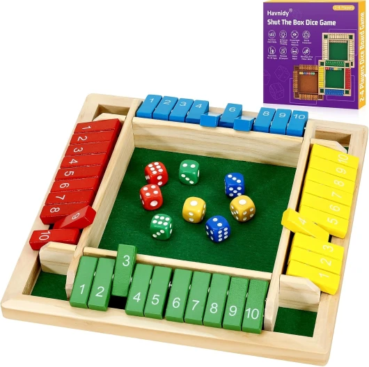 Havnidy Shut The Box - Jeu de Table en Bois pour 4 Joueurs - Jeu de dés Classiques -Jeu de dés Traditionnels en Bois -Jeux de société (Multicolore)